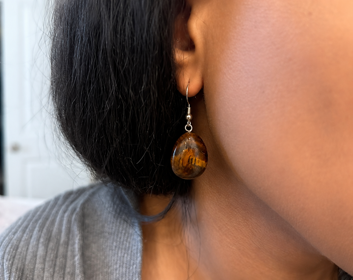 Polished Tiger’s Eye Stone Drop Earrings