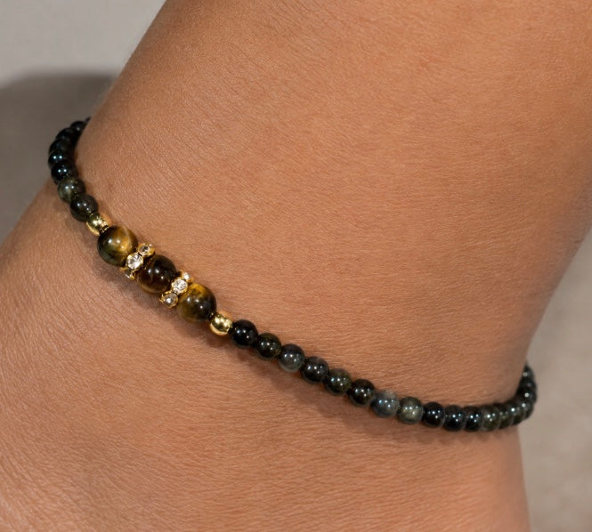 Grounded Abundance Anklet  Black Obsidian & Golden Tiger's Eye 4mm
